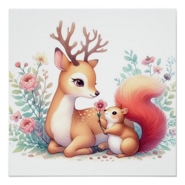 Storybook Woodland Babies Deer And Chipmunk Poster (Front)