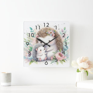 Storybook Woodland Babies Hedgehog Love Square Wall Clock