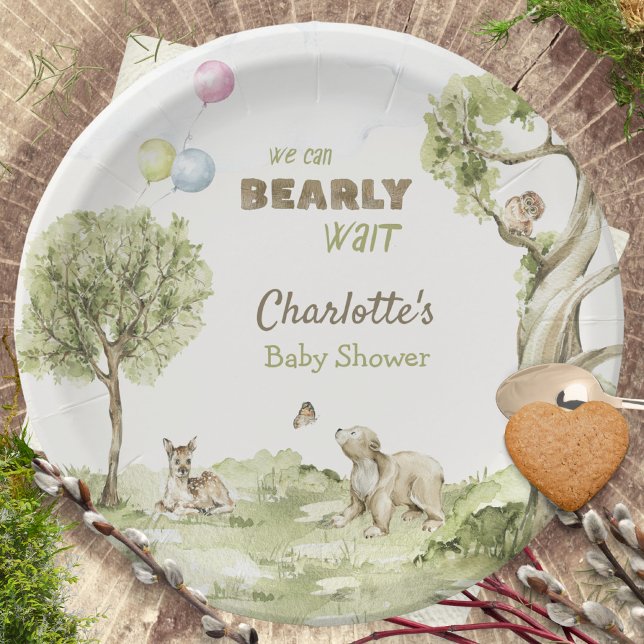 Storybook Woodland Bearly Wait Baby Shower Paper Plate (Watercolor Woodland Bearly Wait Baby Shower Napkins ©Susanne Sachers - Sunny Mind 🌞)