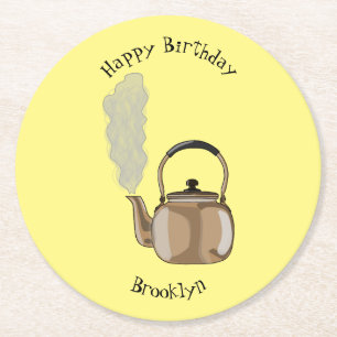 Stovetop or hob kettle cartoon illustration round paper coaster