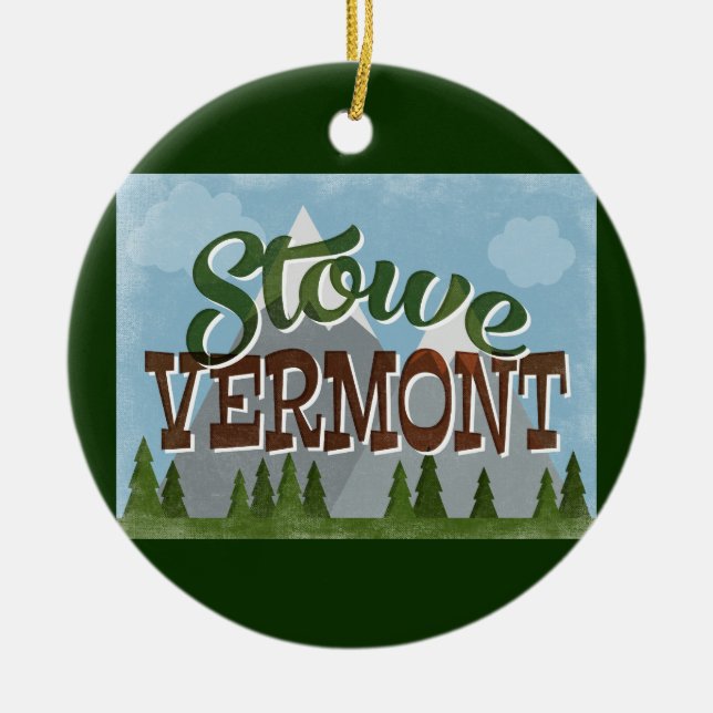 Stowe Vermont Fun Retro Snowy Mountains Ceramic Tree Decoration (Front)