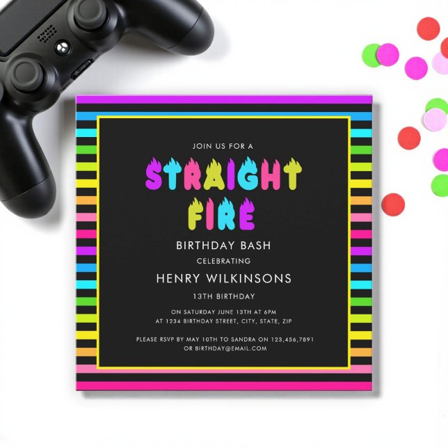 Straight fire neon teen boys birthday  invitation (Creator Uploaded)