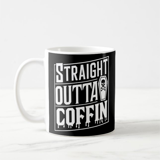 Straight Outta Coffin Funny Vampire Halloween Puns Coffee Mug (Left)