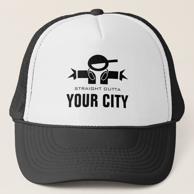 Straight Outta DJ trucker hat | Add your city name (Front)