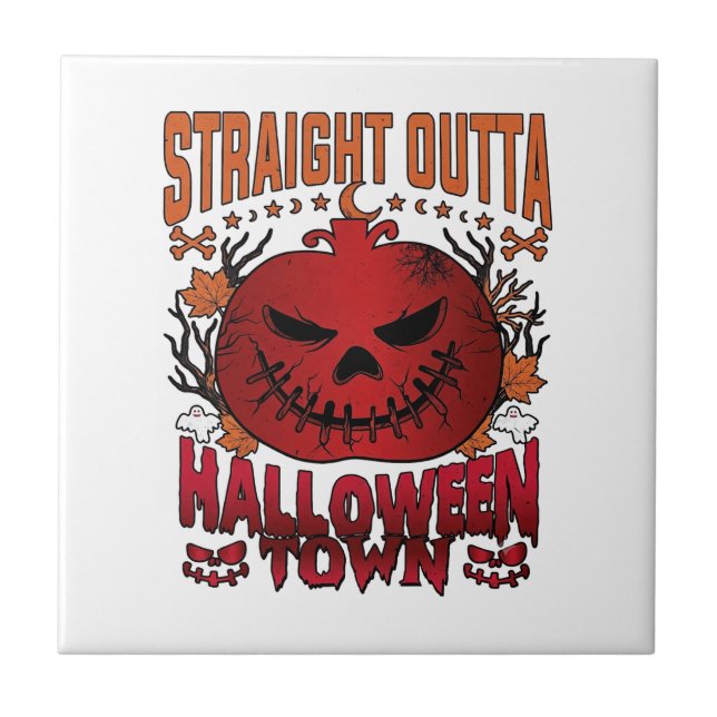 Straight Outta Halloween Town Red Pumpkin Ghosts L Tile (Front)