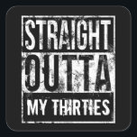 Straight Outta My Thirties 40th Birthday Party Square Sticker<br><div class="desc">Celebrate turning 40 in true gangster style with this funny "Straight Outta my 30's" birthday party themed party supply gift. Black and white grunge "Straight Out of My Thirties" gangsta rap Millennial generation rock band music funny street theme.grunge vintage weathered distressed street style design.</div>