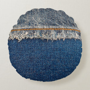 Straight stitch with orange thread on bleached den round cushion