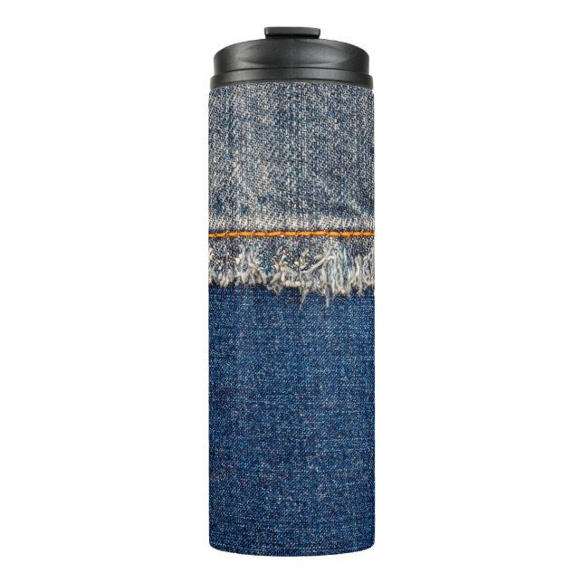 Straight stitch with orange thread on bleached den thermal tumbler (Front)