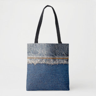 Straight stitch with orange thread on bleached den tote bag
