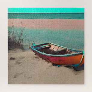 Stranded Boat on a Sandy Beach   AI Generated Art Jigsaw Puzzle