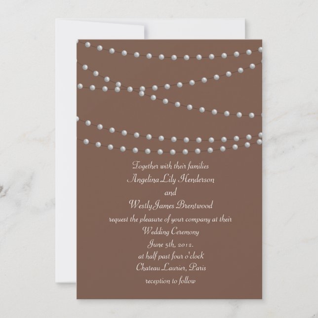 Strands of Pearls on Brown Wedding Invitation (Front)