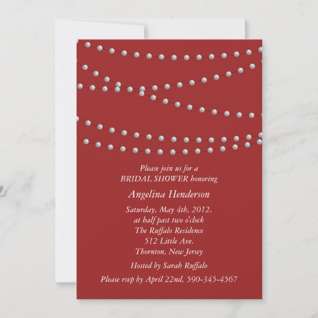 Strands of Pearls on Red Bridal Shower Invitation (Front)