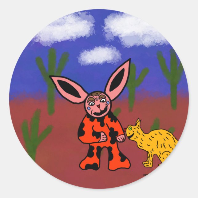 strange rabbit with his weird cat classic round sticker (Front)