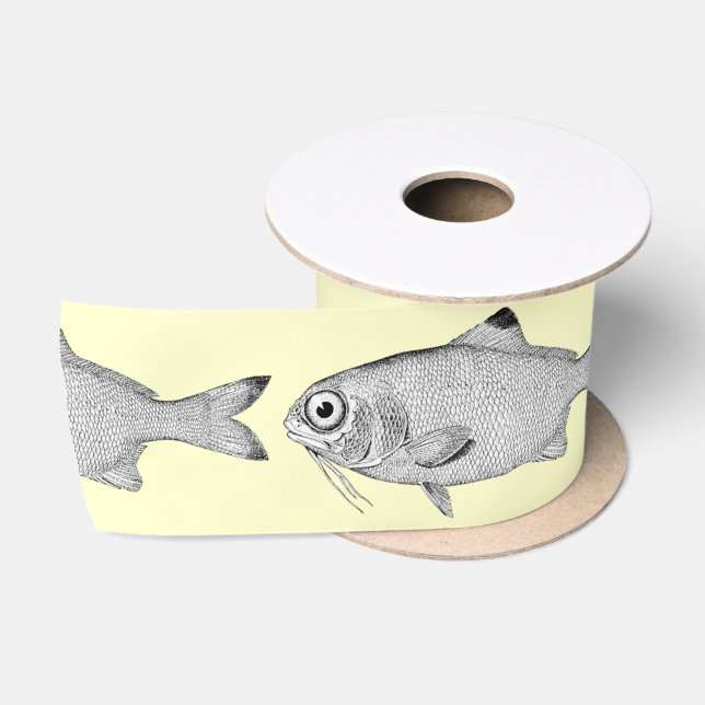 Strange vintage fish drawing satin ribbon (Spool)