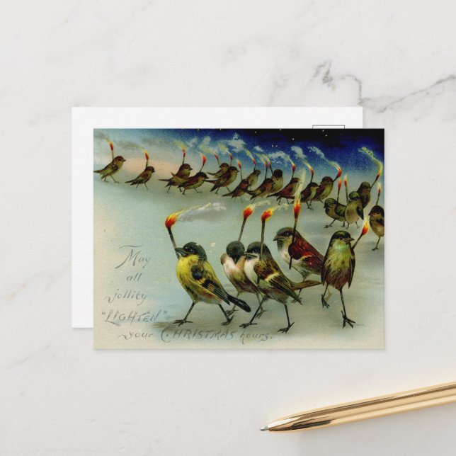 Strange Vintage Mob of Birds with Matches Postcard (Front/Back In Situ)