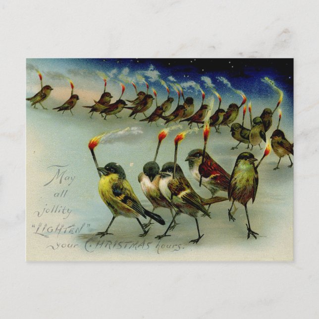 Strange Vintage Mob of Birds with Matches Postcard (Front)