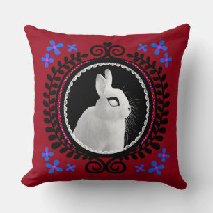 Strange White Bunny: Red, Blue, Pink & Black Cushion