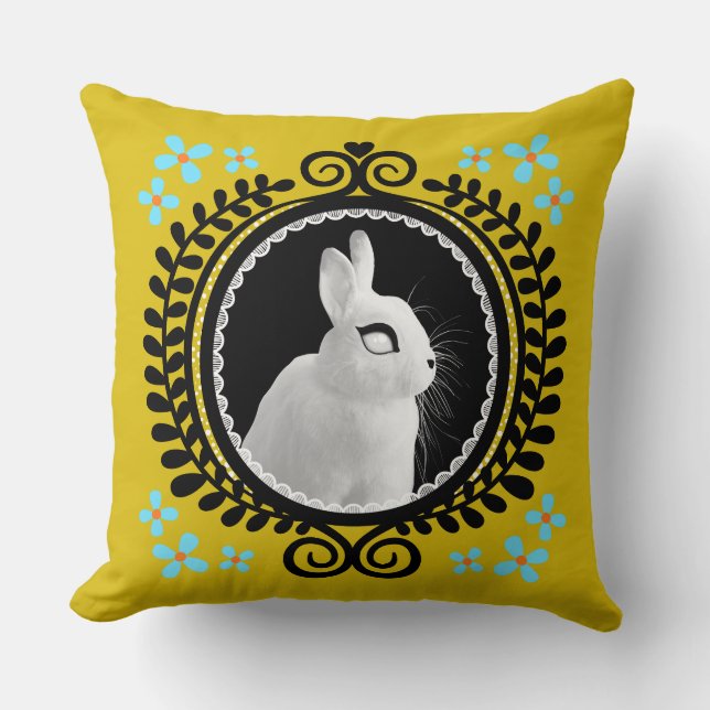 Strange White Bunny: Yellow, Black, & Light Blue  Cushion (Front)