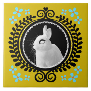Strange White Bunny: Yellow, Black, & Light Blue Tile