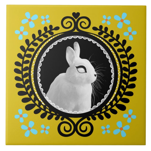 Strange White Bunny: Yellow, Black, & Light Blue Tile (Front)