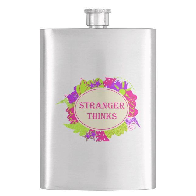 Stranger thinks quote in 80s tv show style hip flask (Front)