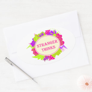 Stranger thinks quote in 80s tv show style oval sticker