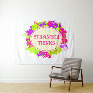 Stranger thinks quote in 80s tv show style tapestry