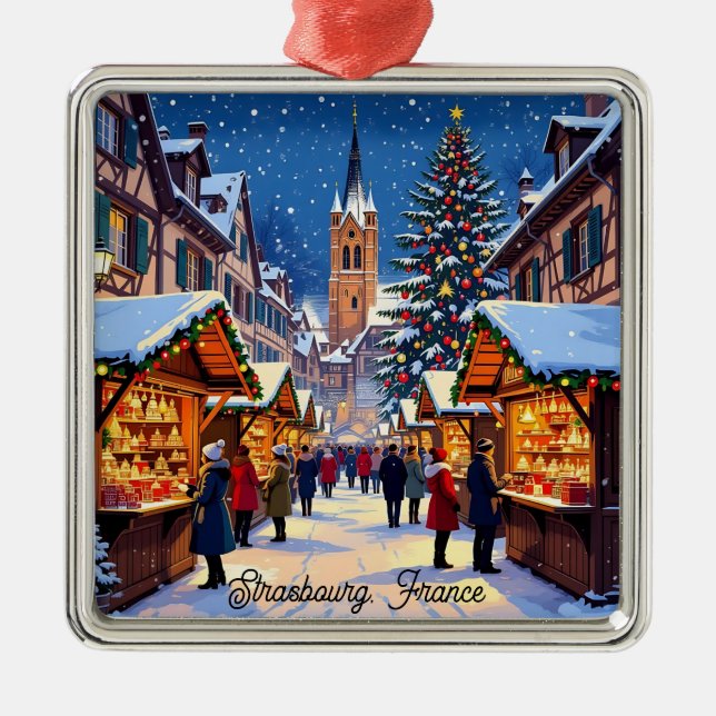 Strasbourg, France Christmas Market Holiday Metal Tree Decoration (Front)