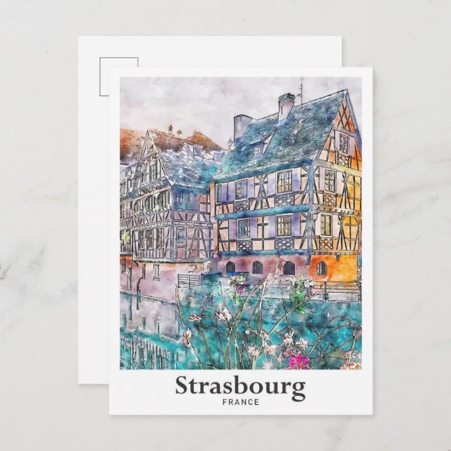 Strasbourg France Travel Watercolor Hand Drawn Postcard (Front/Back)