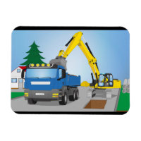 Straßenbaustelle mit blauem LKW und gelben Bagger