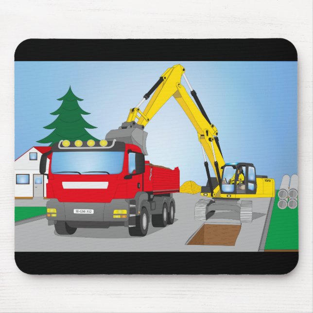 Straßenbaustelle mit rotem LKW und gelben Bagger Mouse Pad (Front)