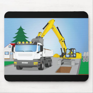 Straßenbaustelle mit weißem LKW und gelben Bagger Mouse Pad