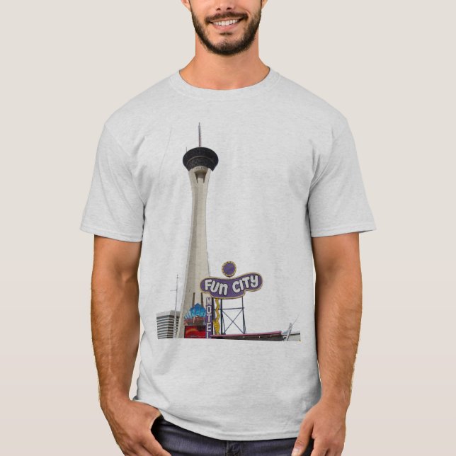 Strat tower & Fun City Motel sign Las Vegas T-Shirt (Front)