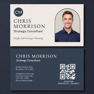 Strategy Consultant Photo QR Code Navy Blue Business Card