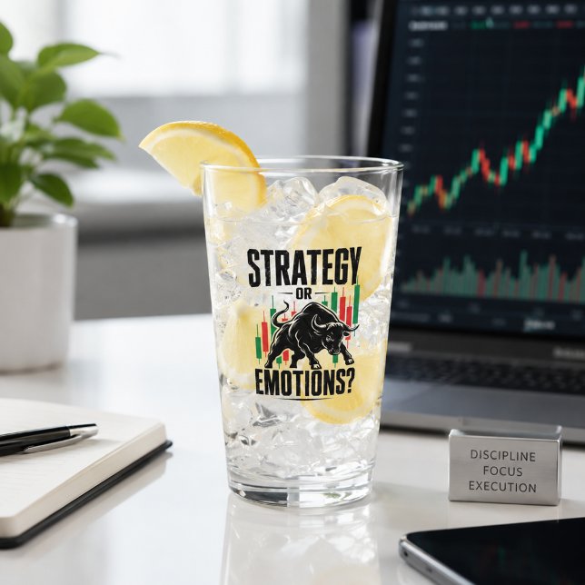 Strategy or Emotions Bull Trading Mindset Design Glass (Image shown for illustration purposes only.)