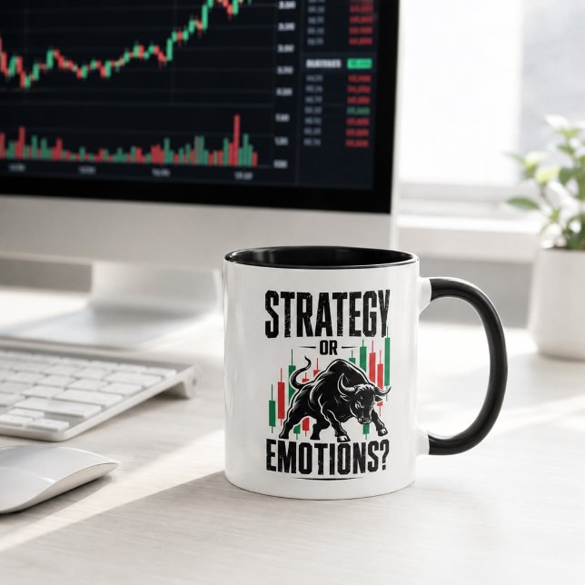 Strategy or Emotions Bull Trading Mindset Design Mug (Image shown for illustration purposes only.)