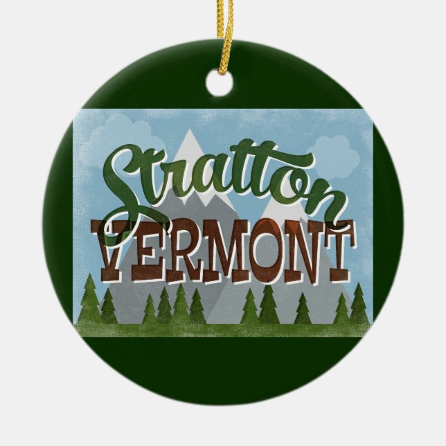 Stratton Vermont Fun Retro Snowy Mountains Ceramic Tree Decoration (Front)