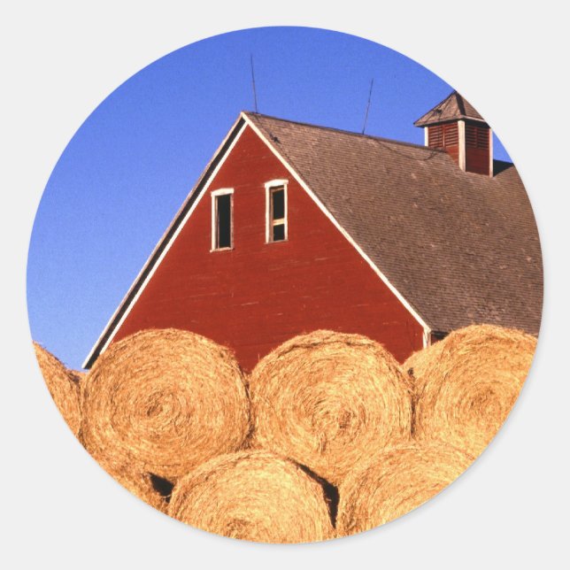 Straw Bales next to a Barn Classic Round Sticker (Front)