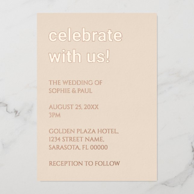 Straw Beige Wedding Rose Gold Foil Invitation (Front)