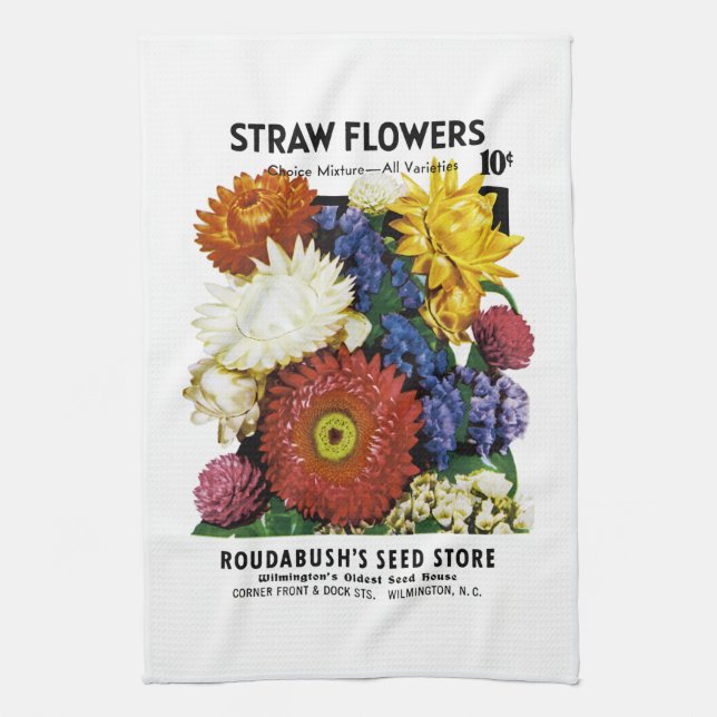 Straw Flowers Seed Packet Label Tea Towel (Vertical)
