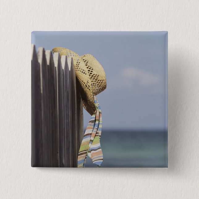Straw Hat Hanging On Fence At Beach 15 Cm Square Badge (Front)