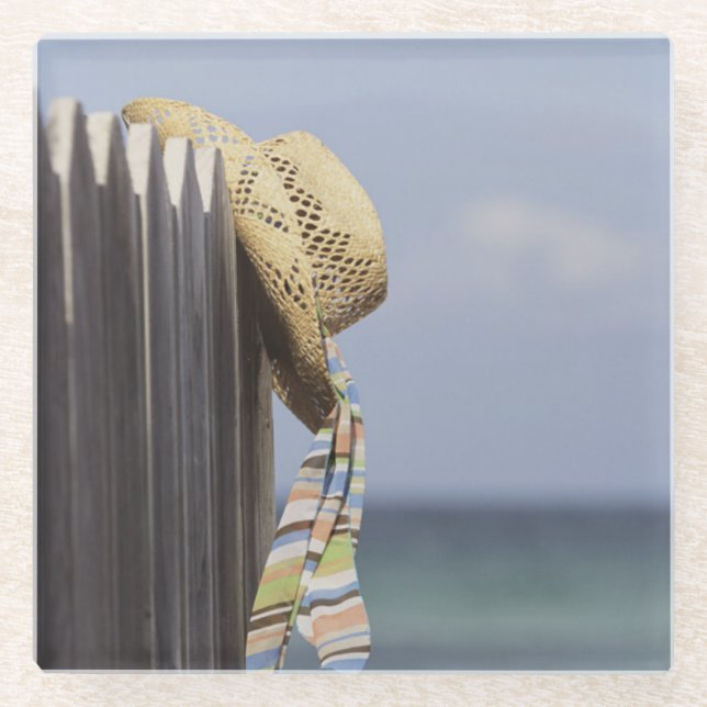 Straw Hat Hanging On Fence At Beach Glass Coaster (Front)