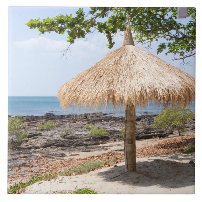 Straw parasol, Koh Lanta, Krabi, Thailand Tile (Front)
