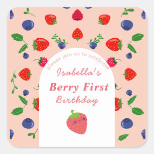 Strawber Berry First Birthday Square Sticker
