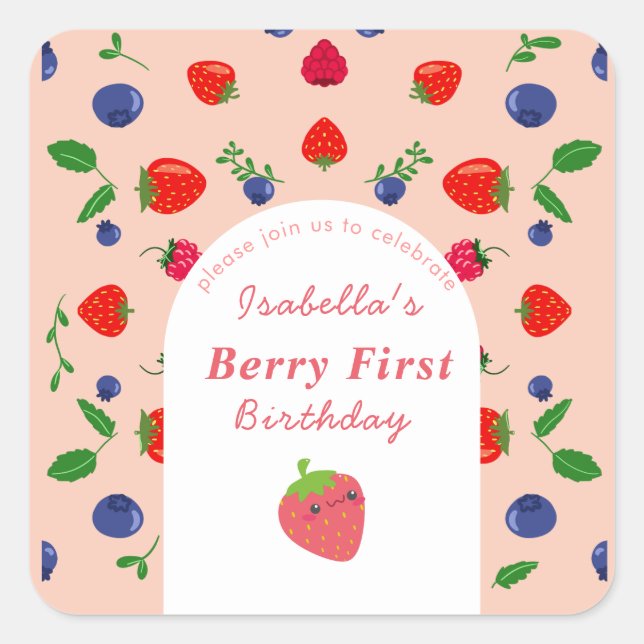 Strawber Berry First Birthday  Square Sticker (Front)