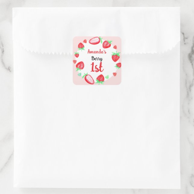 Strawberries 1rst birthday berry first square sticker (Bag)