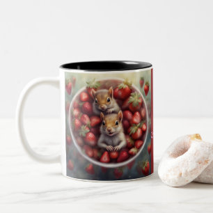 Strawberries and baby squirrels Two-Tone coffee mug