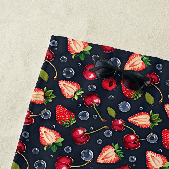 Strawberries and cherries on a dark background   beach towel (In Situ)