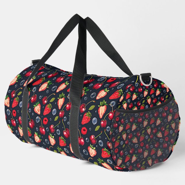 Strawberries and cherries on a dark background   duffle bag (Right Corner)