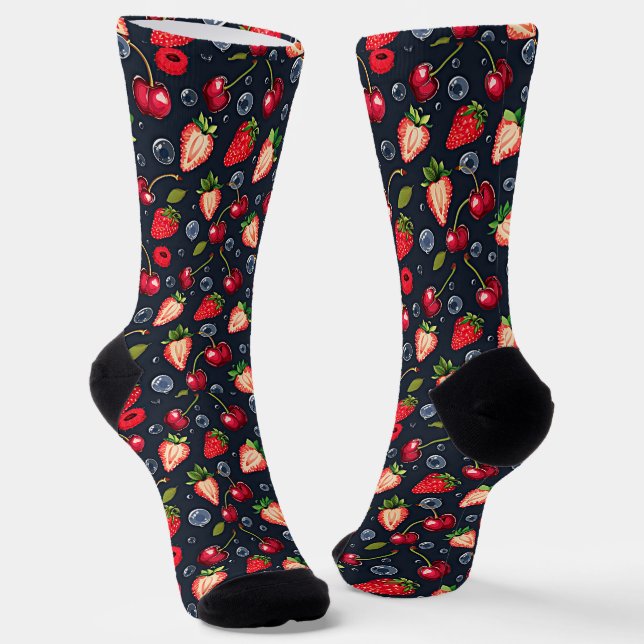 Strawberries and cherries on a dark background   socks (Angled)